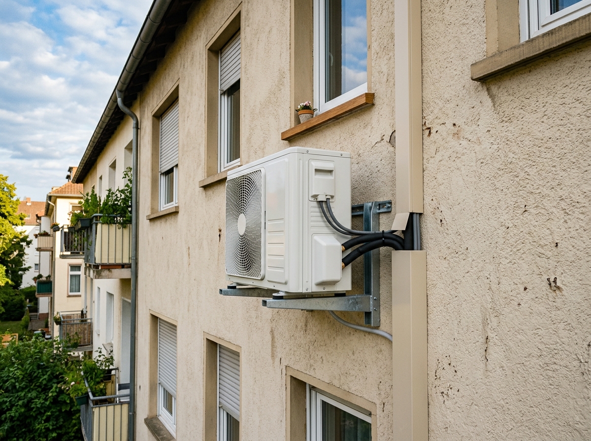 Außengerät an Fassade Mehrfamilienhaus