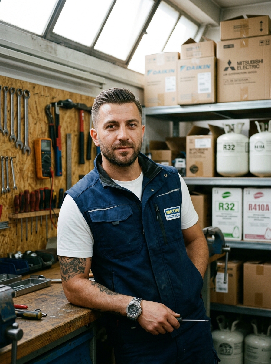 Porträt Inhaber Wicool Klimatechnik, in seiner Werkstatt in Mannheim